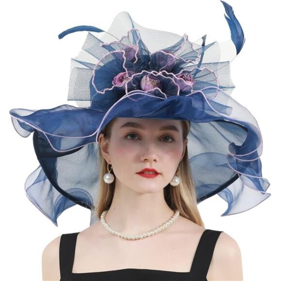 Women Organza Hat, Fascinator Hat Navy Blue main image 6